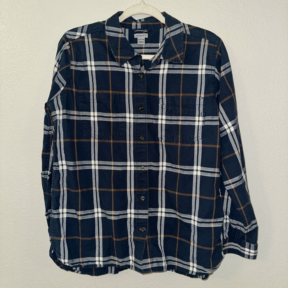 Carhartt Flannel Shirt Boys L (12/14) Blue Brown Plaid Button Down Long Sleeve